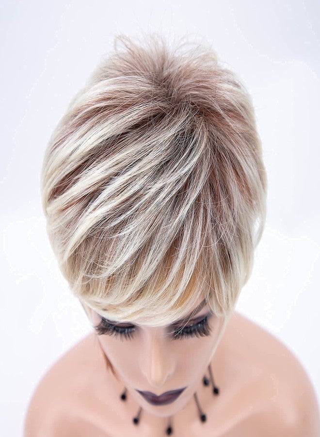 RENERSHOW Short Wigs for White Women Layered Brown Ombre Blonde Pixie Wig Synthetic Short Hair Wig with Bangs Mix Color Natural Looking Daily Party - Image 5